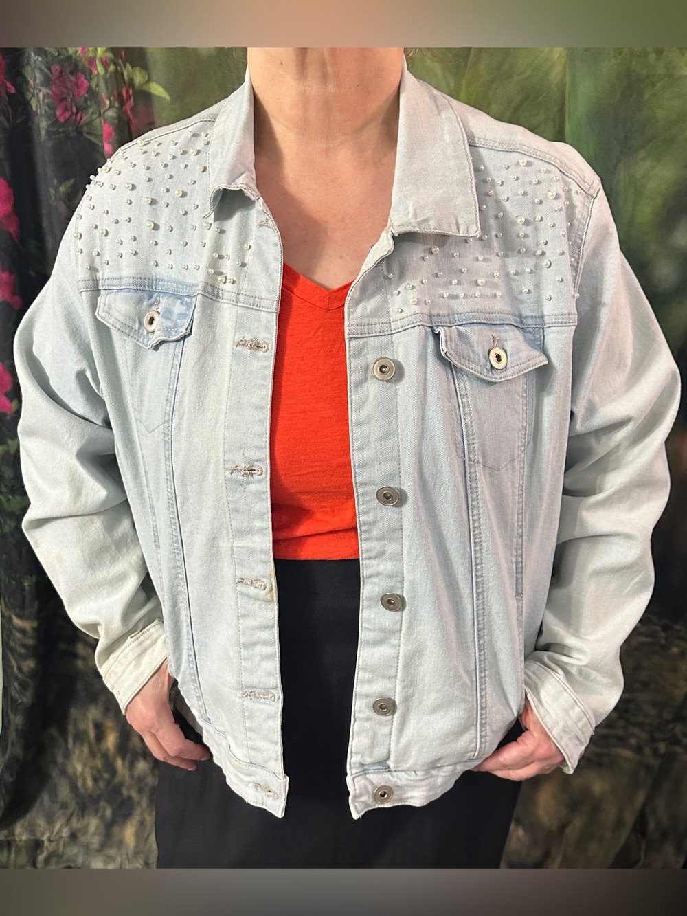 Baccini 2X Acid Washed Light Blue Denim Jean Jacket with Pearl Embellishments